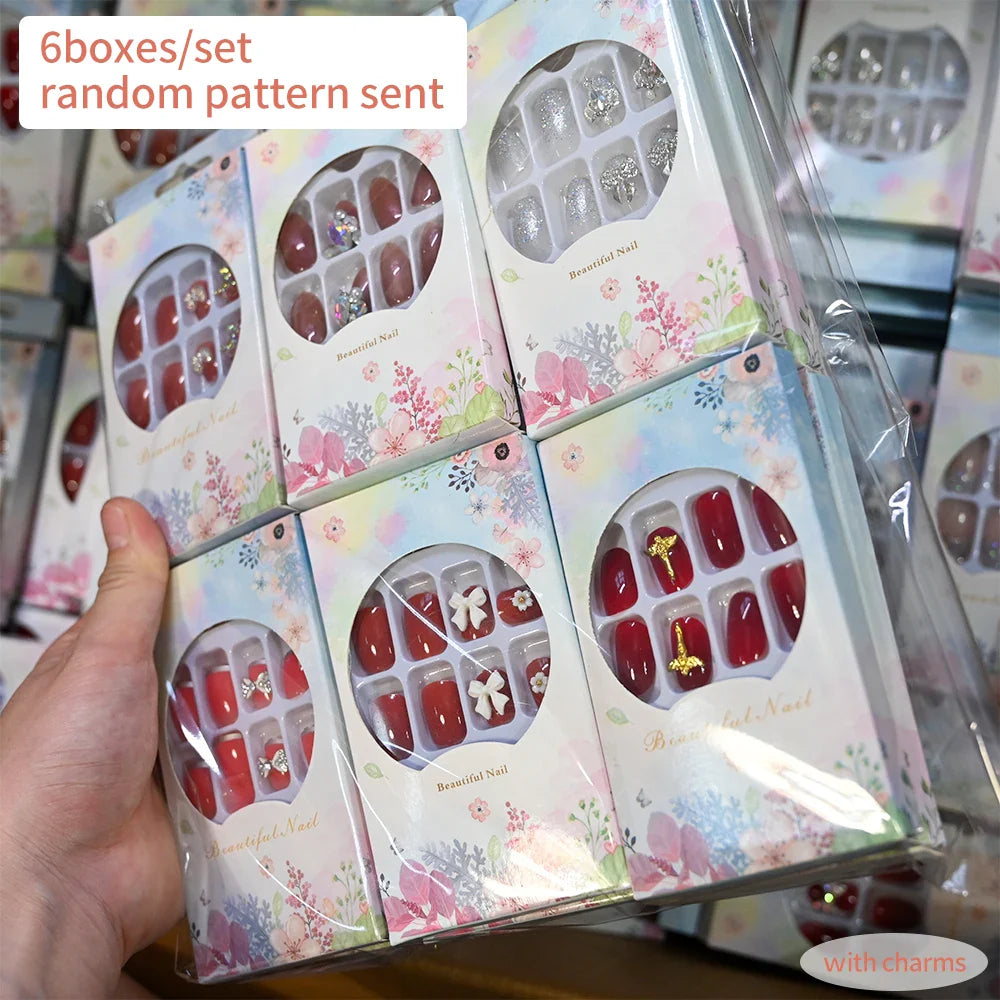 6 Boxes/set Press On Nails Full Cover Sweet Pink Red Short Round Head False Nails Manicure Wearable Nail Tips with Jelly Gel