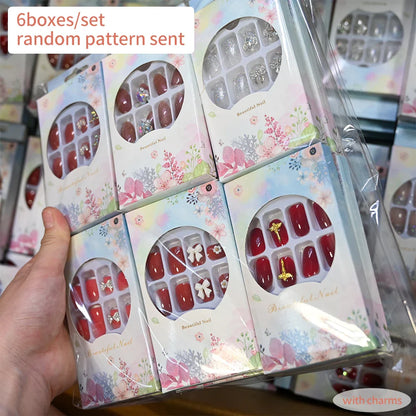 6 Boxes/set Press On Nails Full Cover Sweet Pink Red Short Round Head False Nails Manicure Wearable Nail Tips with Jelly Gel