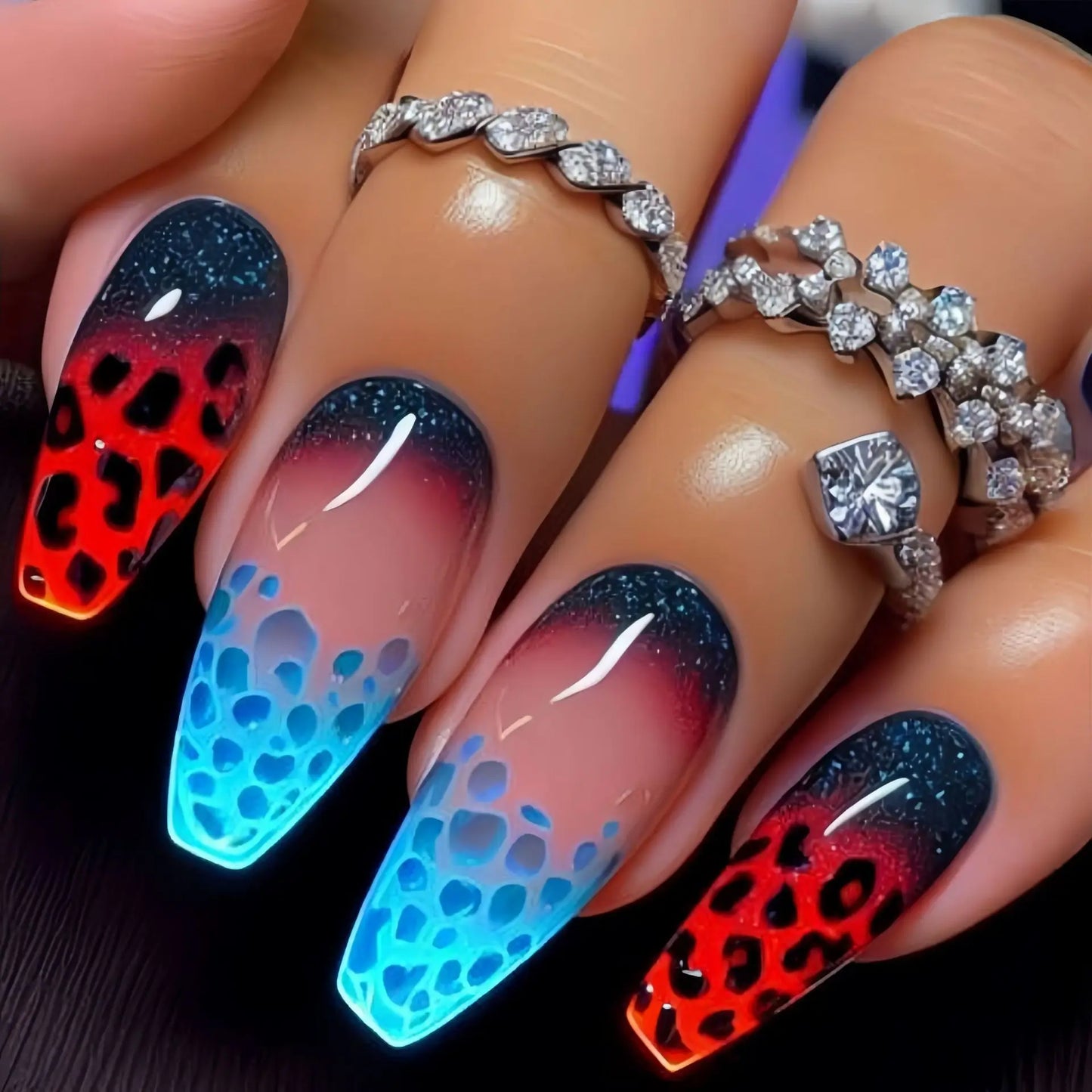 Short Medium long fake nails Square ballet nail tips Gradient purple pink blue leopard flame Y2K press on false nail art set