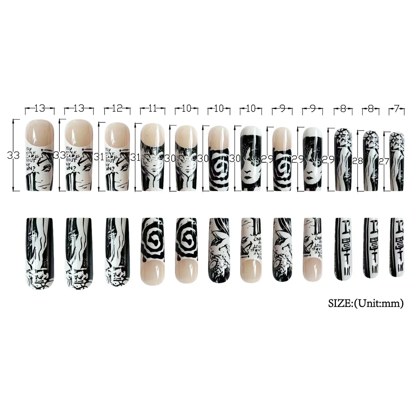 24Pcs Horror Comic Tomie Press on Nails Almond Glossy Black Japanese Anime Nails Reusable Halloween False Nail Tips for Girls
