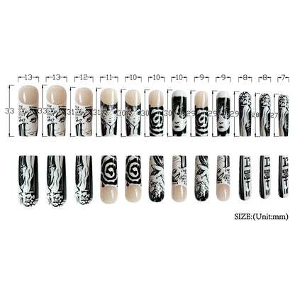 24Pcs Horror Comic Tomie Press on Nails Almond Glossy Black Japanese Anime Nails Reusable Halloween False Nail Tips for Girls