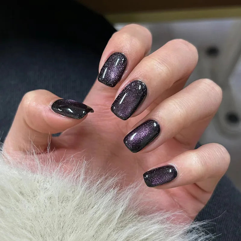 24pcs Crystal Cat Eye False Nails with Glue Short Square Press on Nails Shiny Red Jewel Nail Solid Color Fake Nails Minimalis