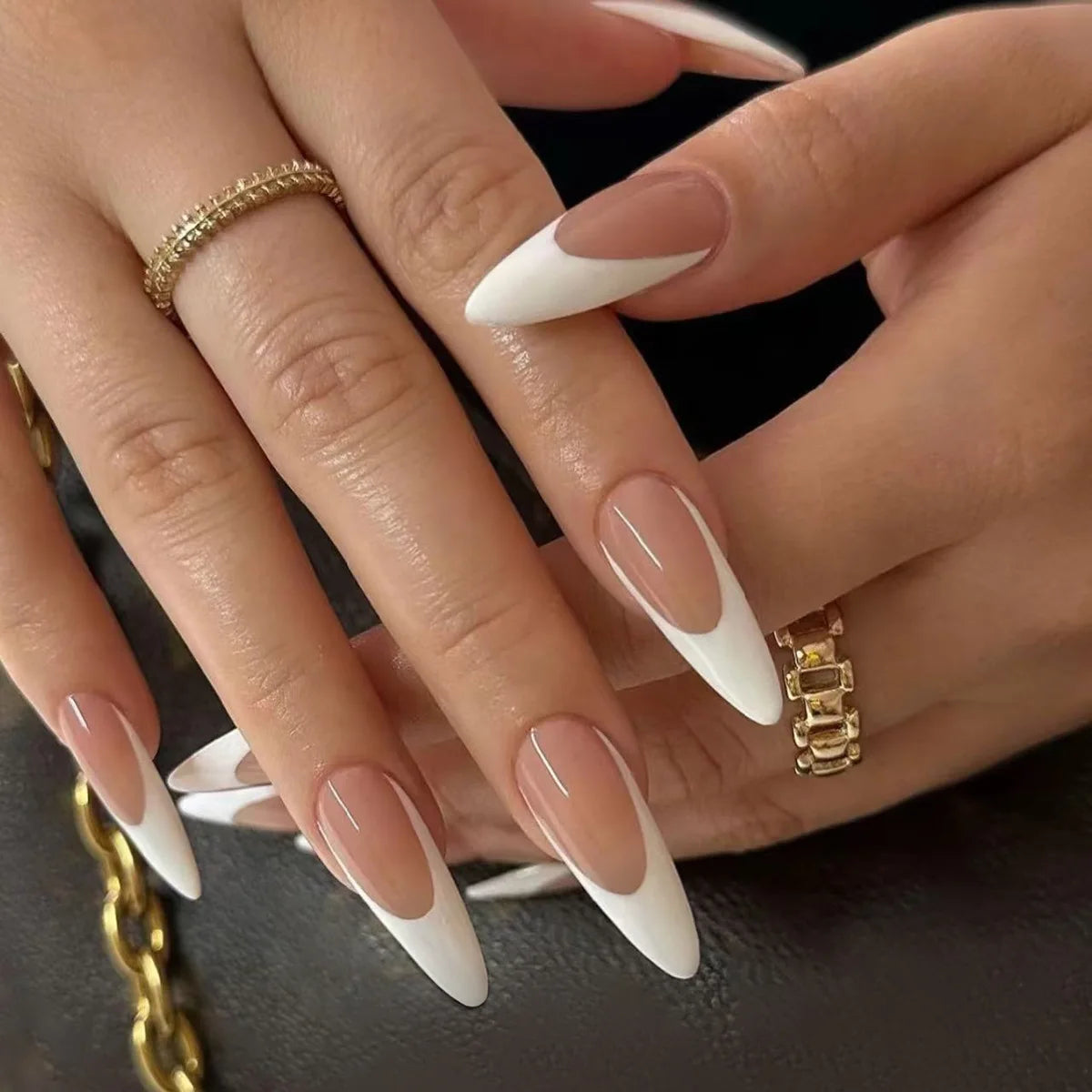 Nude Color Press On Nails 24Pcs Short Almond Fake Nails White French Tip Wearable False Nails Patches Women Girls DIY Manicure