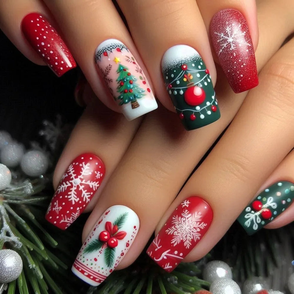 Medium long fake nails for Chirstmas party Square almond tips christmas tree snowflake gift snowman press on false nail art set