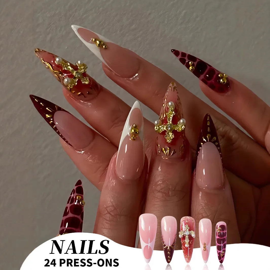 24Pcs White Gradient Press on False Nails Acrylic Stiletto Almond Fake Nail Wearable Solid Color Simple Full Cover Manicure Tips