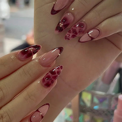 Fashion Brown Flowers Nude Color Nail Art Gold French Almond False Nails Detachable Finished Fake Nails Press on Nails with Glue