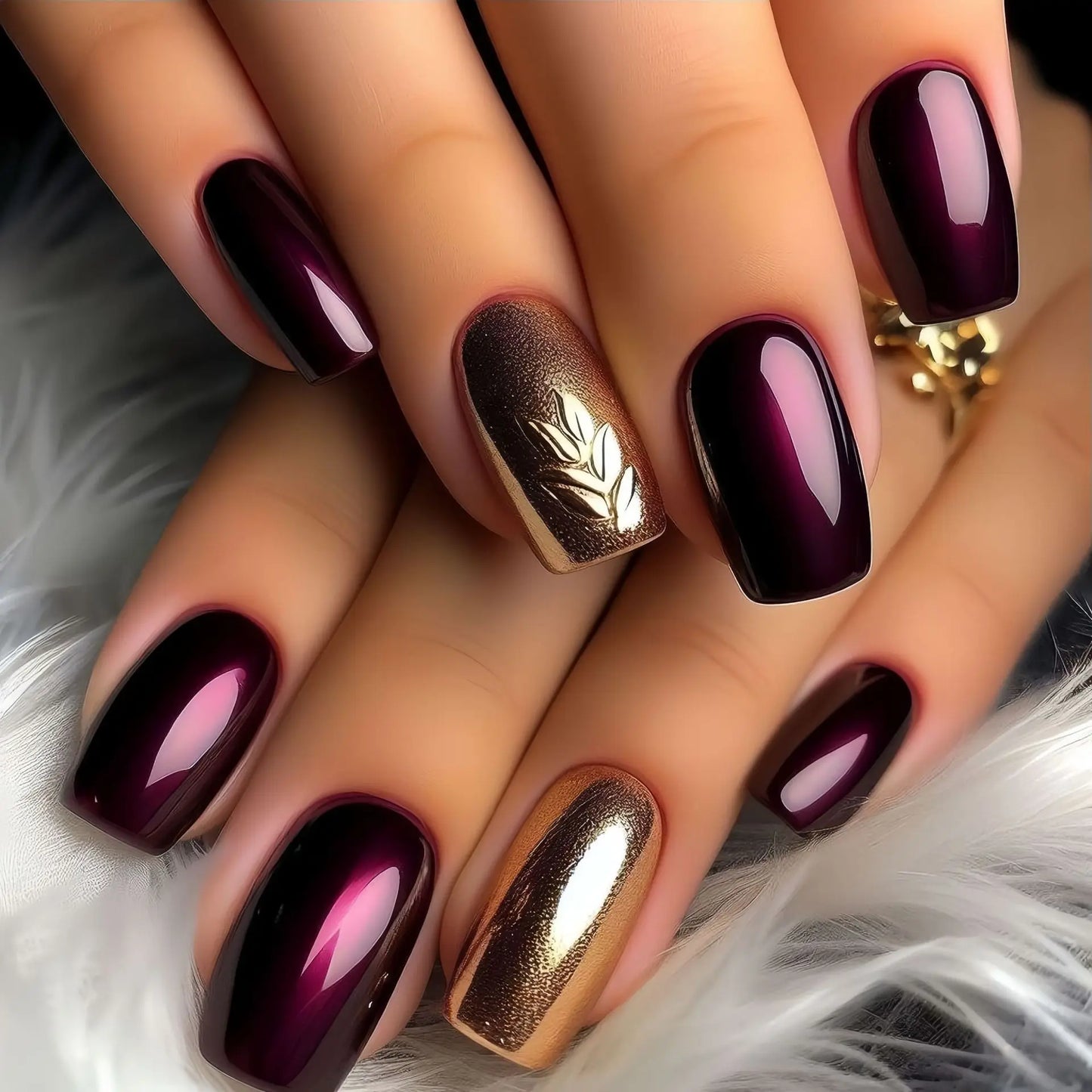 Medium Square Almond Shaped Wearable Fake Nails Autumn Winter Black Golden Purple Green Butterfly Flower tips press on nails