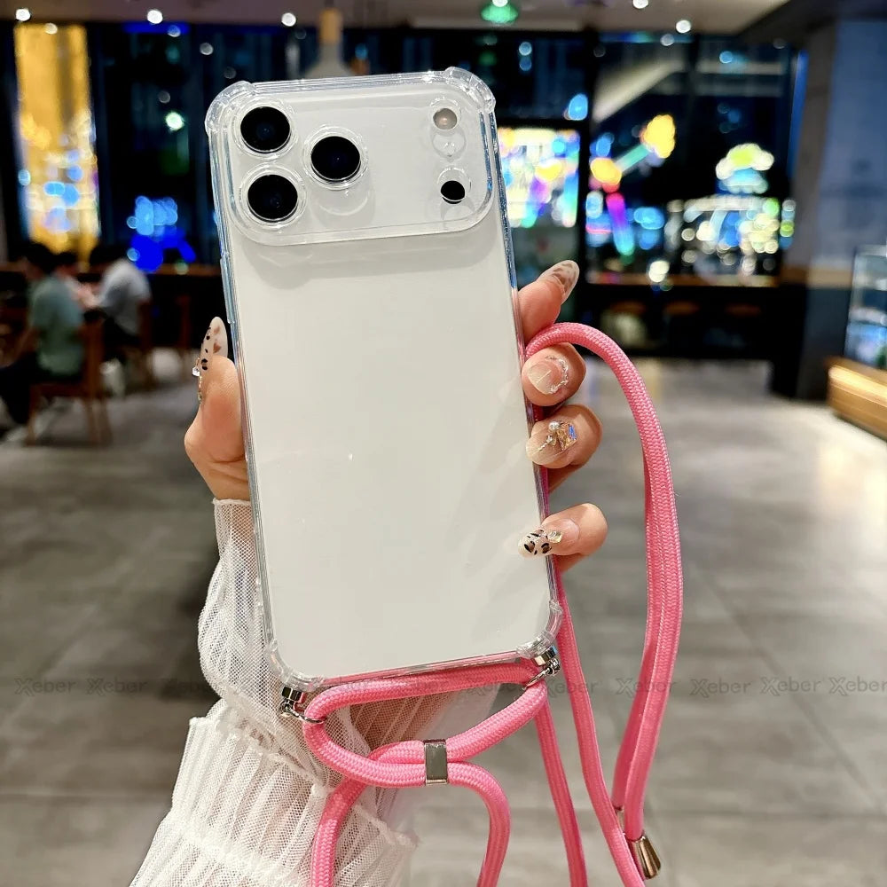 Shockproof Clear Soft Bumper Case For iPhone 17 16 15 14 Pro Max Plus Crossbody Lanyard Necklace Strap Cord Nylon Rope Cover