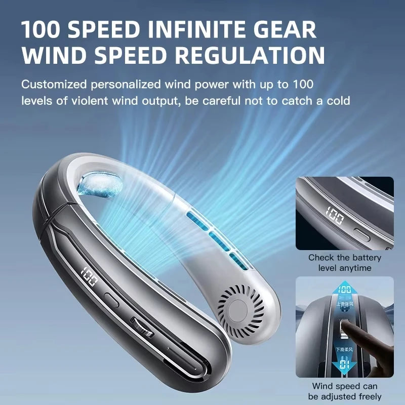 Midea 8000mAh Portable Hanging Neck Fan Bladeless Neckband Fan Digital Display Power Air Cooler USB Rechargeable Electric Fan