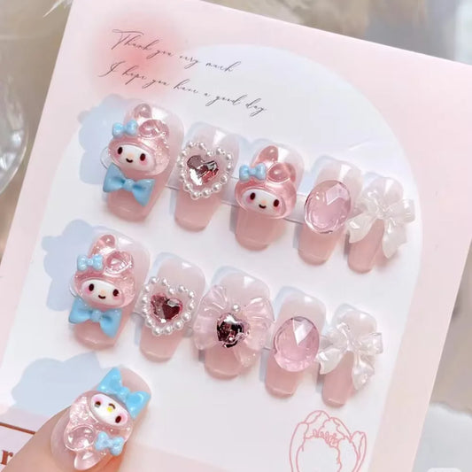 Sanrio Kawaii Pink My Melody Fake Nails 24Pc 3D kuromi Anime Cute Nail Patches False Nail Tips Cartoon Y2K Fashion Press on Nail