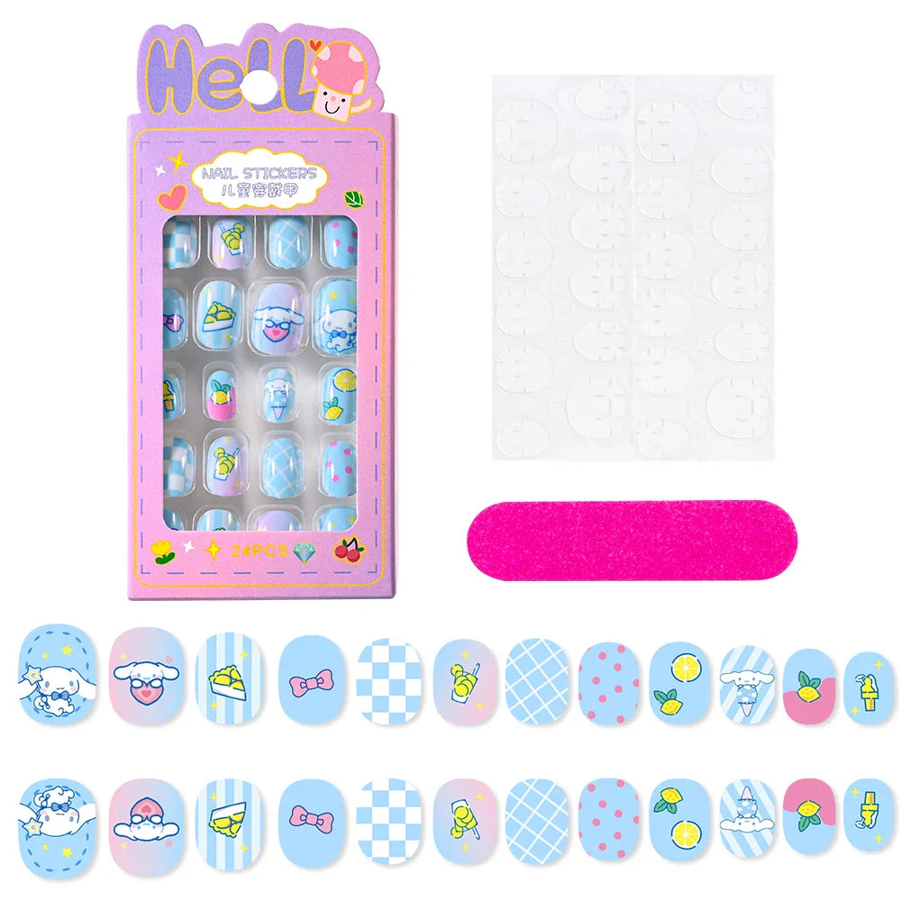 12pcs Kids 3D Stereo Sanrio Fake Nails Patch Sweet Girls Cute Cartoon Hello Kitty press on nails Kuromi Child Wearable FalseNail