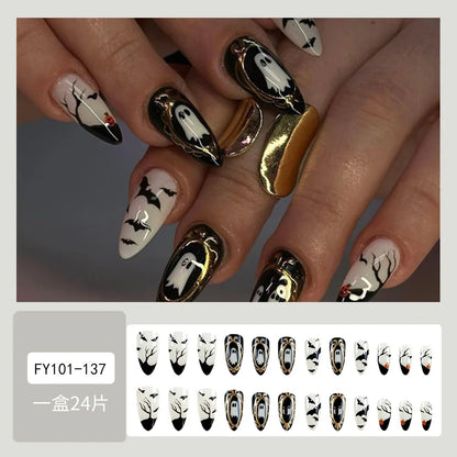 24pcs Simple Almond Press on Nails Cute White Ghost Bat Decor False Nails Wearable Reusable Spicy Cool Halloween Fake Nail Tips
