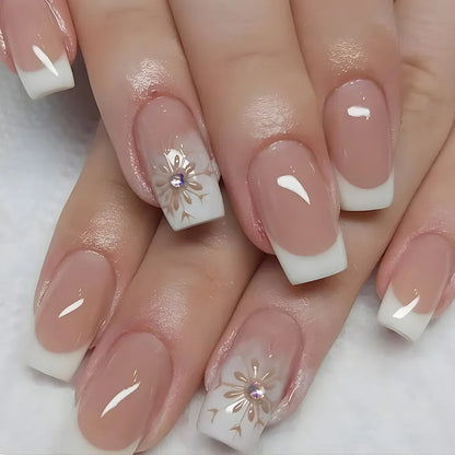 24Pcs Shiny Pearl Wearable False Nails Short Square Fake Nail Simple Summer Press on Nails Detachable Full Cover Nail Tips