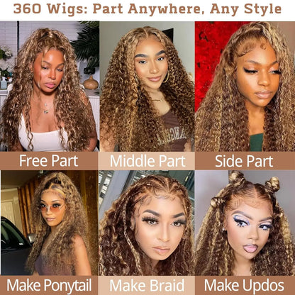 Curly 360 Lace Front Wigs Human Hair Pre Plucked P4/27 Highlight Ombre Deep Wave HD Lace Frontal Human Hair Wig With Drawstring