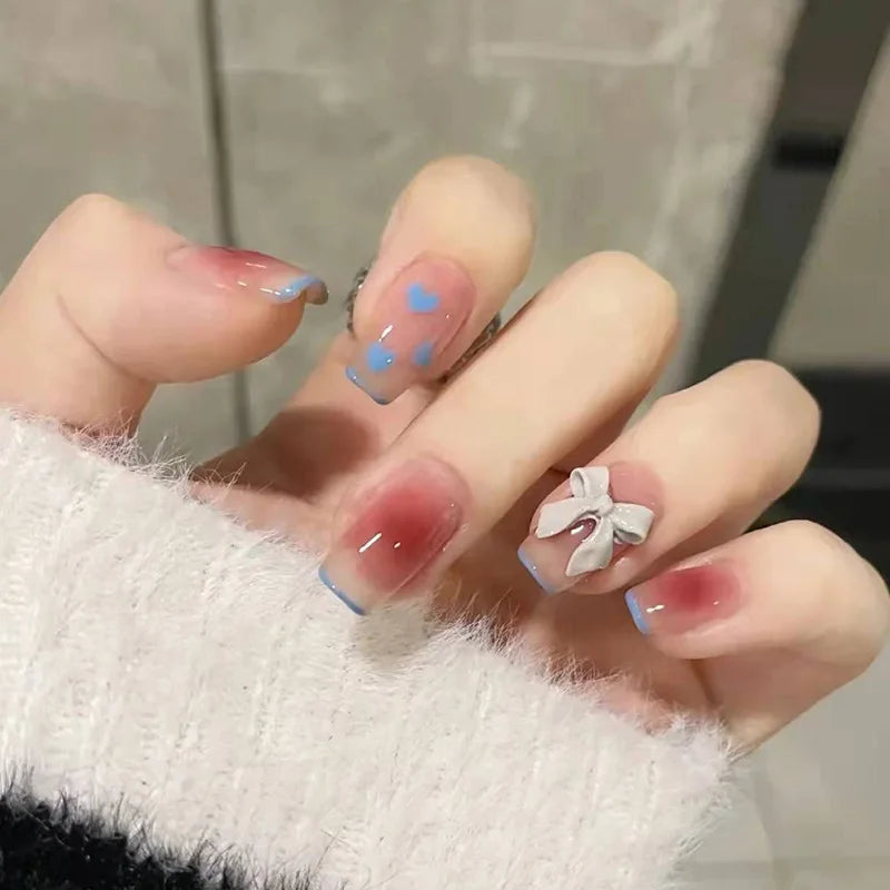 24Pcs Glitter Diamond Press On Nails Sweet Cute Girl Acrylic Nails Full Cover Short Square Fake Nails Wearable Manicure Nail Tip