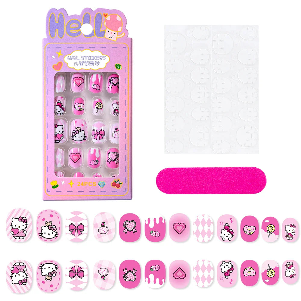12pcs Kids 3D Stereo Sanrio Fake Nails Patch Sweet Girls Cute Cartoon Hello Kitty press on nails Kuromi Child Wearable FalseNail