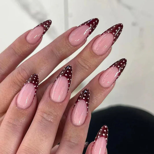24pcs Blue Press on Nails with Polka Dot Pattern Design Almond Full Cover Nail Tip Flower Rhinestone False Nail French Fake Nail