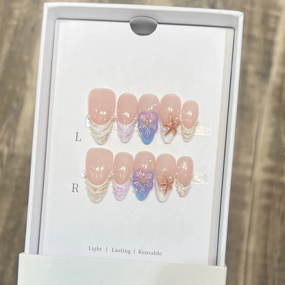 10Pcs Handmade Press On Nails Summer Fruits Full Cover Colorful 3D Design French Almond False Nails Wearable Manicure Nail Tips