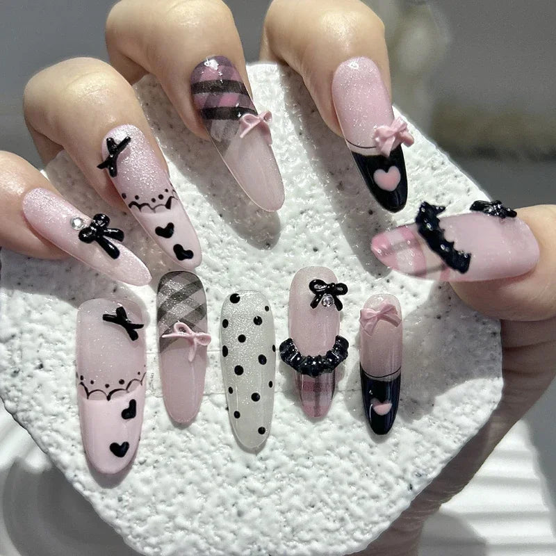 Black Pink Sweet French Almond Handmade Press On Nails Grid Polka Dot Love Skirt Ballet Fake Nails Princess Cute Bow Nail Art