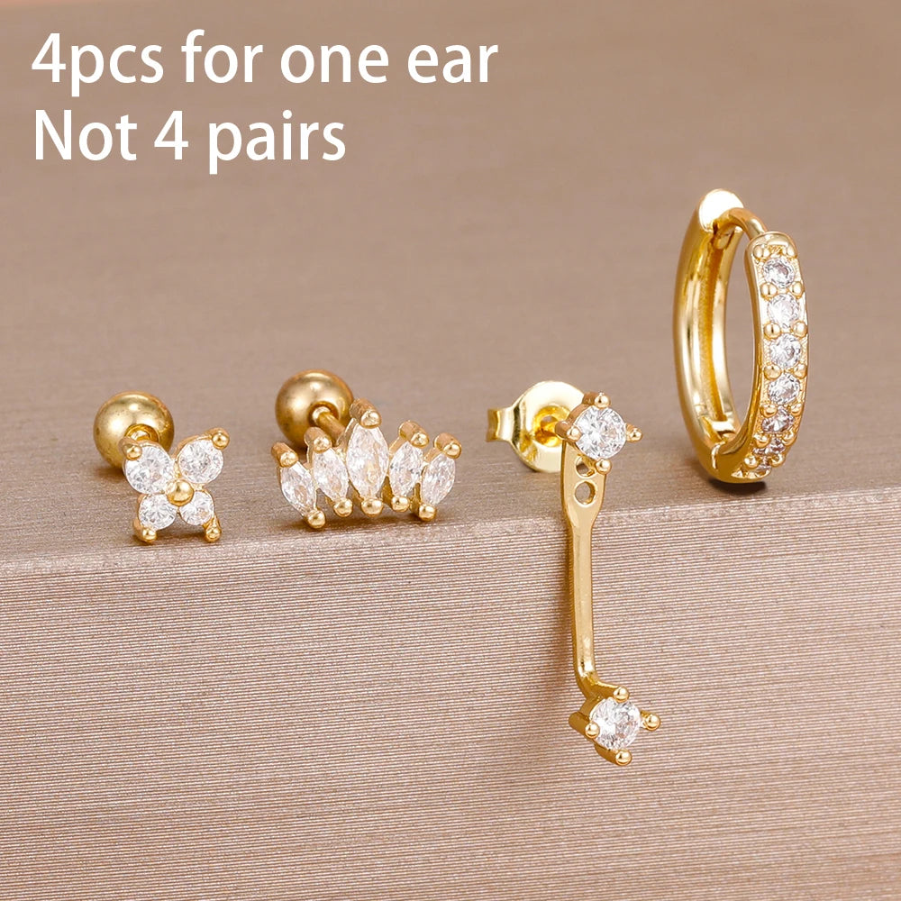 4PCS Stainless Steel Circle Huggie Hoop Earrings Set for Women Gold Color Unique Zircon Flower Stud Earring Piercing Jewelry