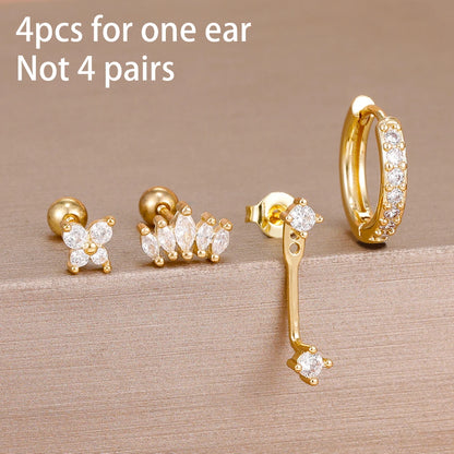 4PCS Stainless Steel Circle Huggie Hoop Earrings Set for Women Gold Color Unique Zircon Flower Stud Earring Piercing Jewelry