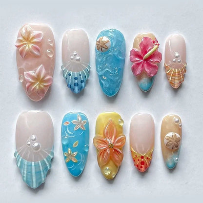 24pcs French Almond Press on Nails Flower False Nails Wearable Stick-on Nails Fake Nail Uñas Postizas Mujer Накладные Ногти 네일팁