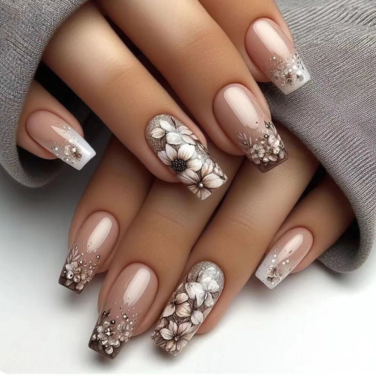 24Pcs White French Fake Nails with Glitter Rose Pattern Press on False Nails Gold Edge Line Design Artificial Nail Tips Art Long