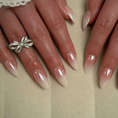 24Pcs Long Almond Fake Nails with White Edge Design Wearable French Press on False Nails Simple Full Cover Nail Tips Manicure