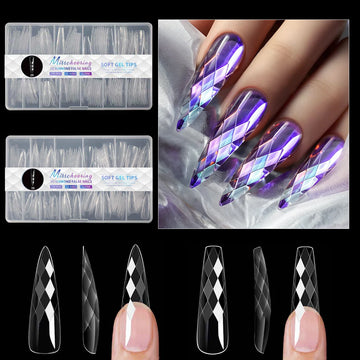 3D Diamond Rhombus False Clear Nail Tips Long Stiletto Coffin Full Cover Nail Art Decoration Tools 12 Sizes 120PC Press On Nails