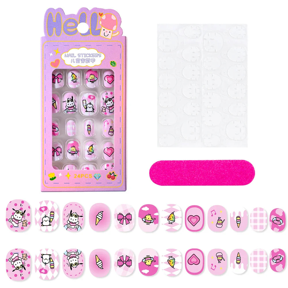 12pcs Kids 3D Stereo Sanrio Fake Nails Patch Sweet Girls Cute Cartoon Hello Kitty press on nails Kuromi Child Wearable FalseNail