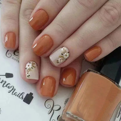 24pcs Short Square Amber Flower Fake Nail with Glue Wearable Autumn Designs Press on Nails Full Cover  Acrylic False Nails Tips