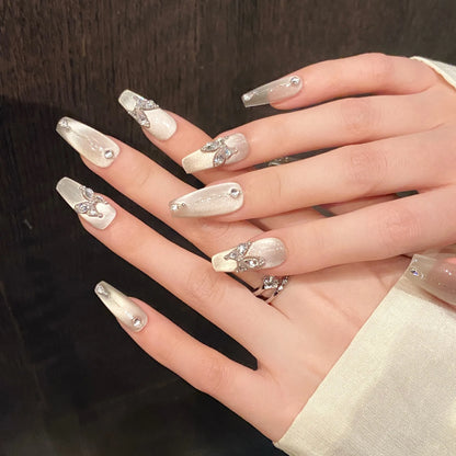 10pcs Handmade Press on Nails Shiny Sliver Cat Eye Fake Nail Tips with Sliver Butterfly Design Wearable Fashion False Nails