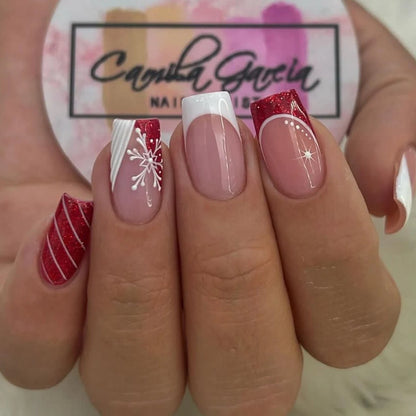 24PCS Short Square False Nails With Snowflake Stripe Design, Christmas Red Glitter False Nails covering Christmas Gift