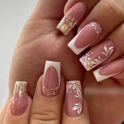 24Pcs Short Square Coffin False Nails Square Fake Nails with Glue French Glitter Wearable Acrylic Nails Set Press on Nail Tips