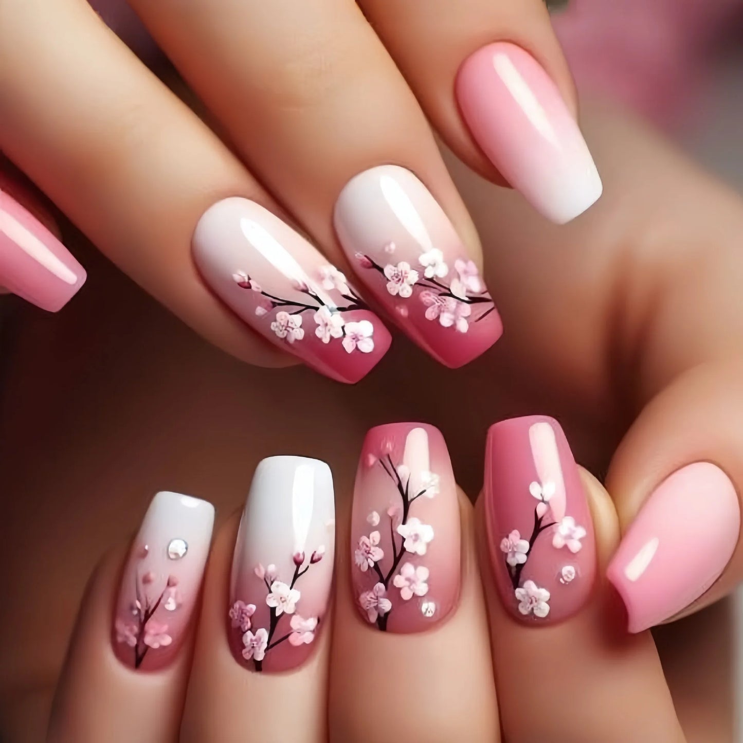 24Pcs Fashion French Fake Nails Colorful Glitter with Butterfly Patterns Medium Square False Nail Art Wearable Acrylic Nail Tips
