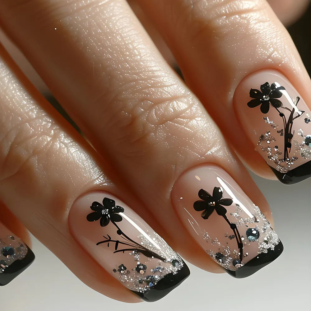 24pcs Press on Nails Flower Design Mid-length Ballet False Nail Fashion Brown Full Cover Manicure Tips Datachable Fake Nails Set