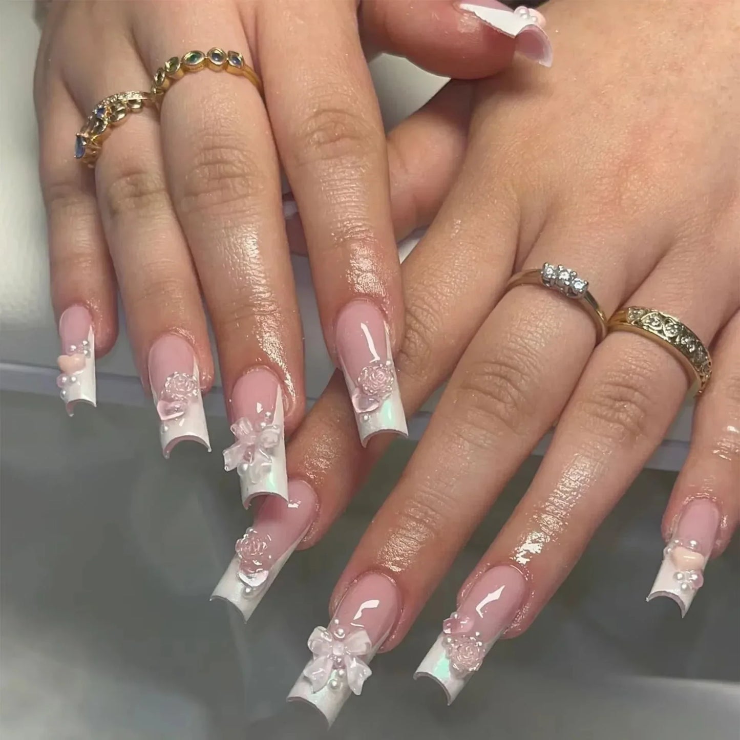 24Pcs Pearl heart Press on Nails Cross French Long Style Fake Nail for Women&Girl Removable Wearable Nail Art
