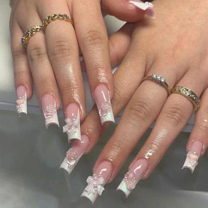 24Pcs Pearl heart Press on Nails Cross French Long Style Fake Nail for Women&Girl Removable Wearable Nail Art
