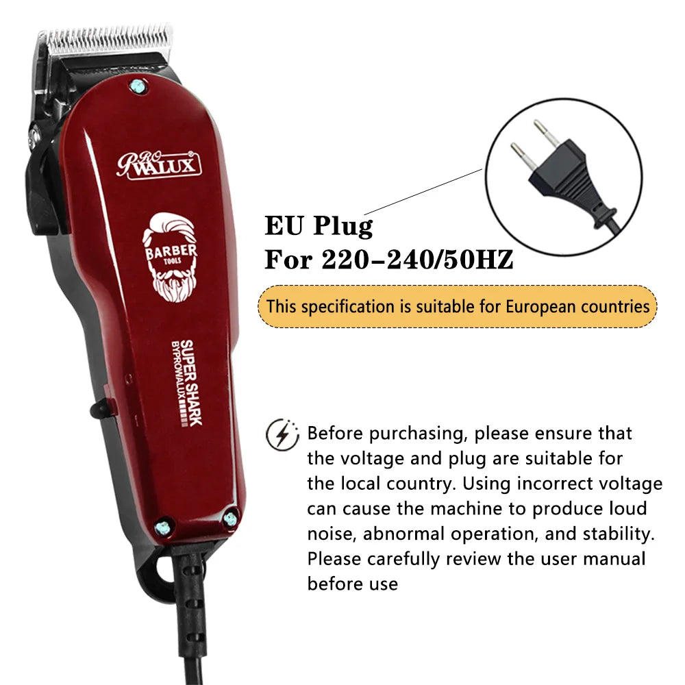 WALUX Professional AC220-240V Hair Clipper 10W Powerful Hair Trimmer Home Man Shaver 2M Cable Hair Cutting Machine 8 Guard Combs