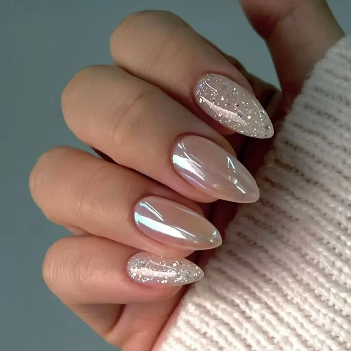 24Pcs Simple Glitter Almond False Nails with Glue Ballerina Nail Design Sweet Cool French Detachable Press on Nail Manicure Tips