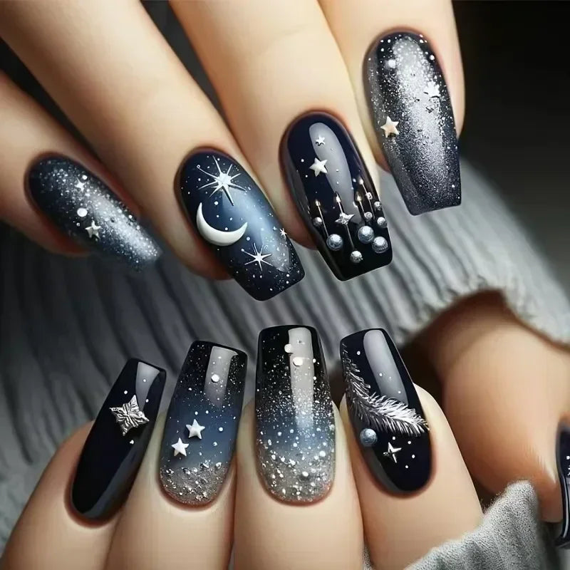 24Pcs Ladder-shaped Ballet False Nails with Glue Stripe Floral Nail Art Ombre French Press on Acrylic Nail Tips for Spice Girls