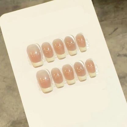 10pcs Handmade French Cat Eye Press on Nails Ins Simple Nude Pink Sweet Girl Fake Nails Reusable Wearable Korean False Nail Tips