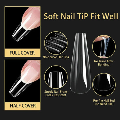 Luxury Acrylic False Nail Tips Almond Coffin Full Cover Super Clear Square Artificial Extension Soft Gel Tip Salon Manicure Tool