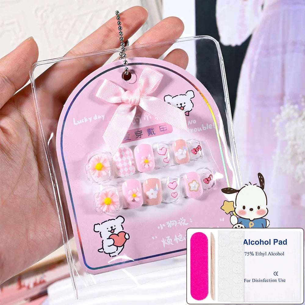12pcs Kids 3D Stereo Sanrio Fake Nails Patch Sweet Girls Cute Cartoon Hello Kitty press on nails Kuromi Child Wearable FalseNail