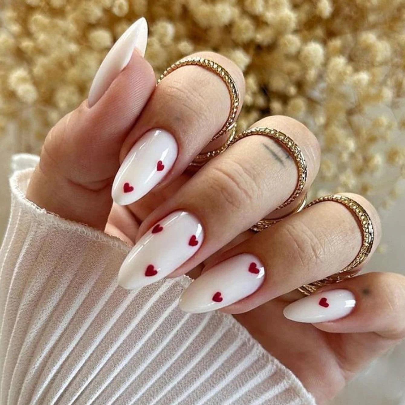 24PCS- white almond fake nails, red love pattern decoration, exquisite elegance, fashion generous, suitable for dating, dinner,