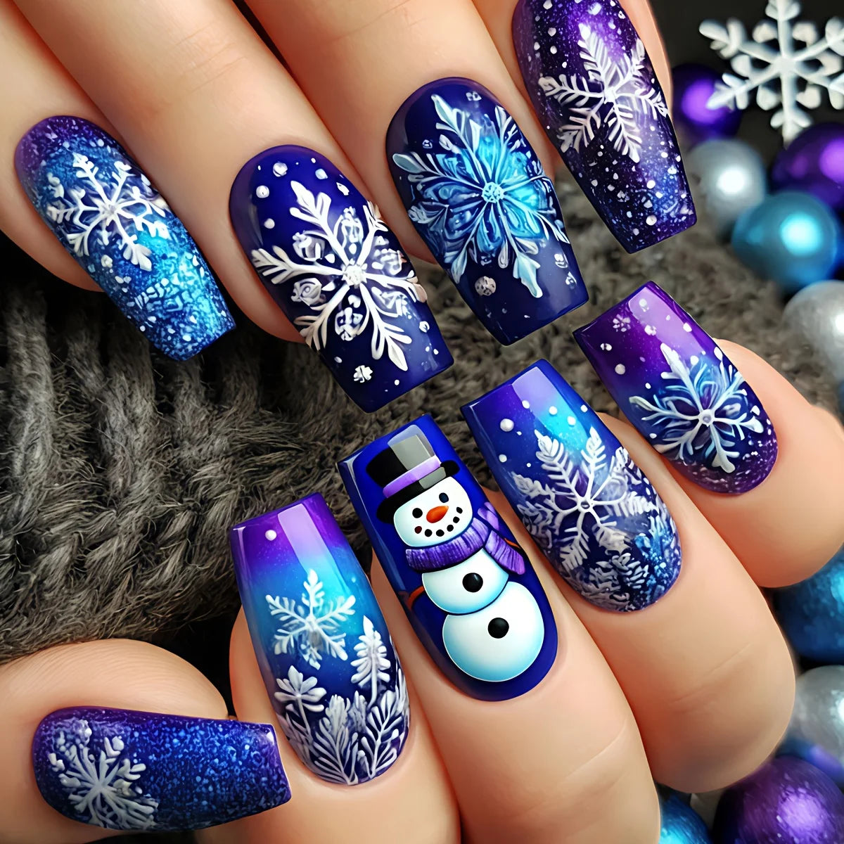 24pcs Glittering Blue & Purple Ombre Christmas Press-On Nails with Snowflake & Snowman Design - Medium Length Glossy False Nails
