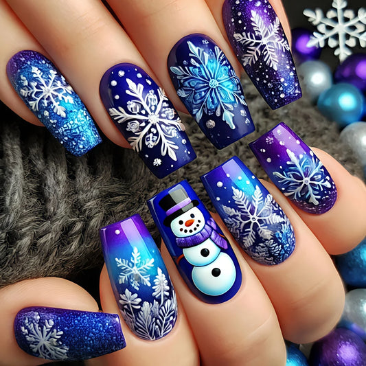 24pcs Glittering Blue & Purple Ombre Christmas Press-On Nails with Snowflake & Snowman Design - Medium Length Glossy False Nails