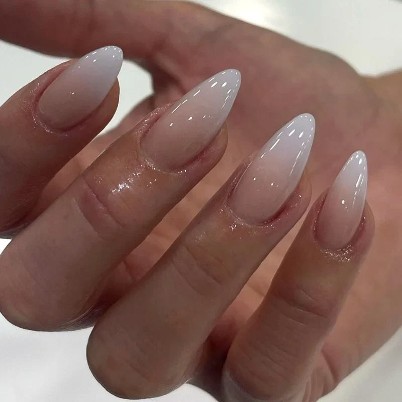 24pcs French Fake Nails Finished Almond Nails Sets with Golden Bow Design False Nail Art Simple Datachable Press on Nails Tips