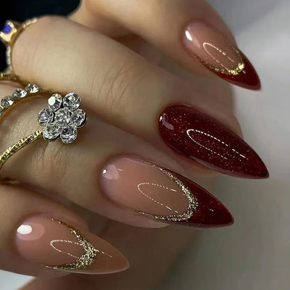24Pcs Black Almond False Nails with Glue Wearable Long Stiletto Fake Nails Gold Foil Flash Design Full Cover Press on Nail Tips