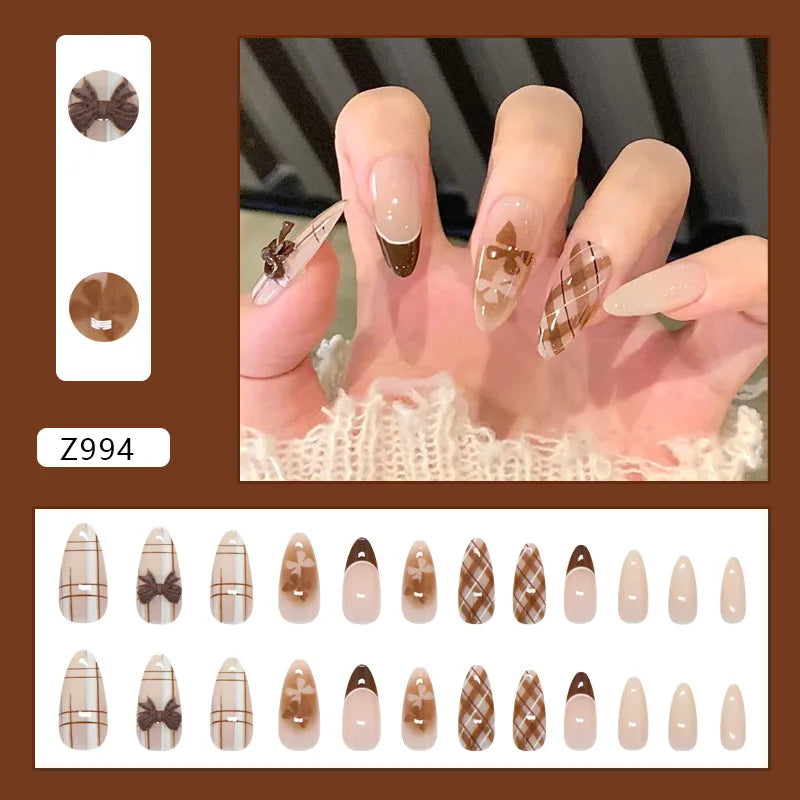 24Pcs Brown Plaid Press on Nails French Bow Spring False Nail Medium Almond Fashion Atmosphere Wearable Nail for Women&Girl